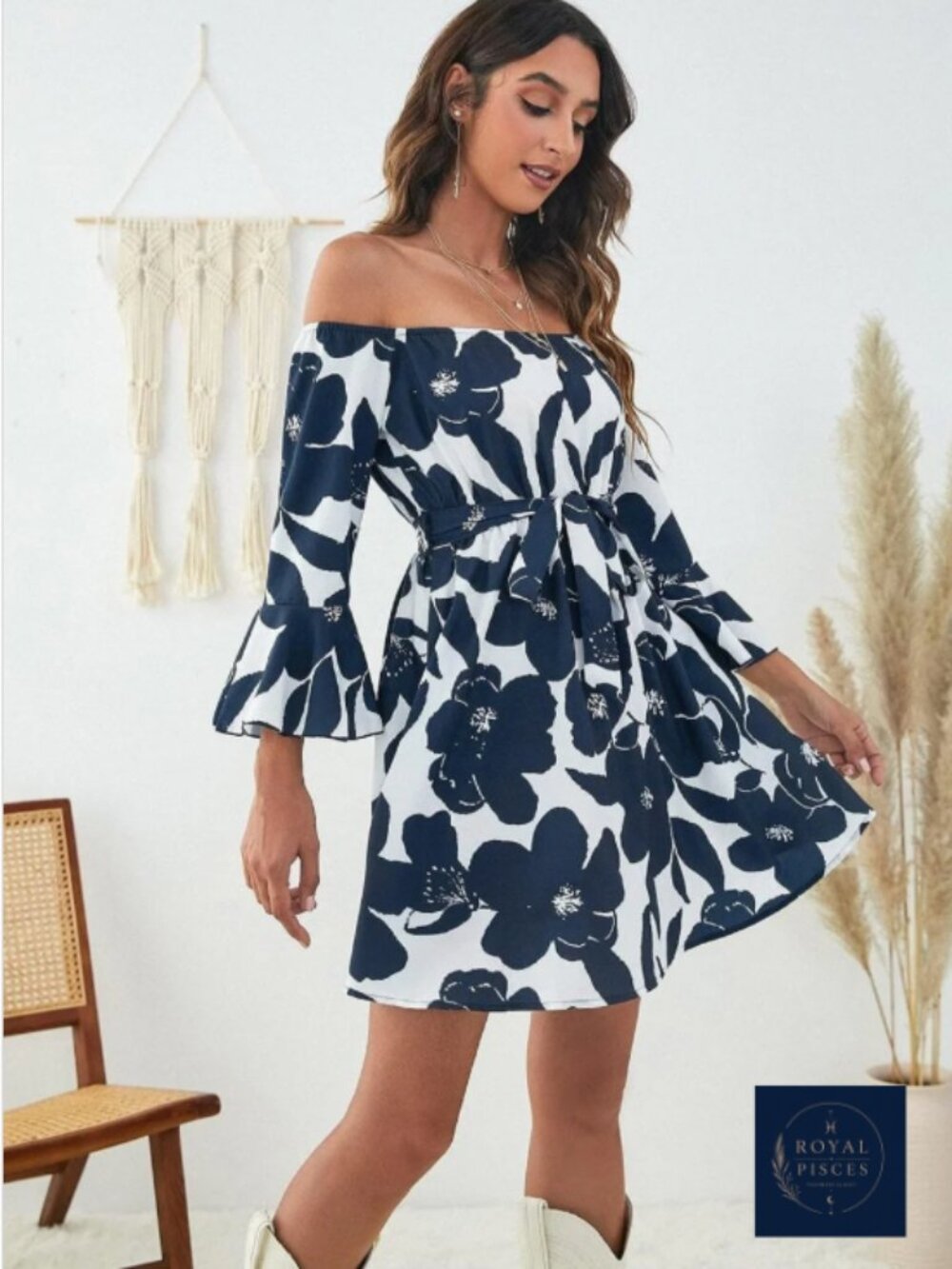 Off-Shoulder Navy and White Floral Tie-Waist Dress